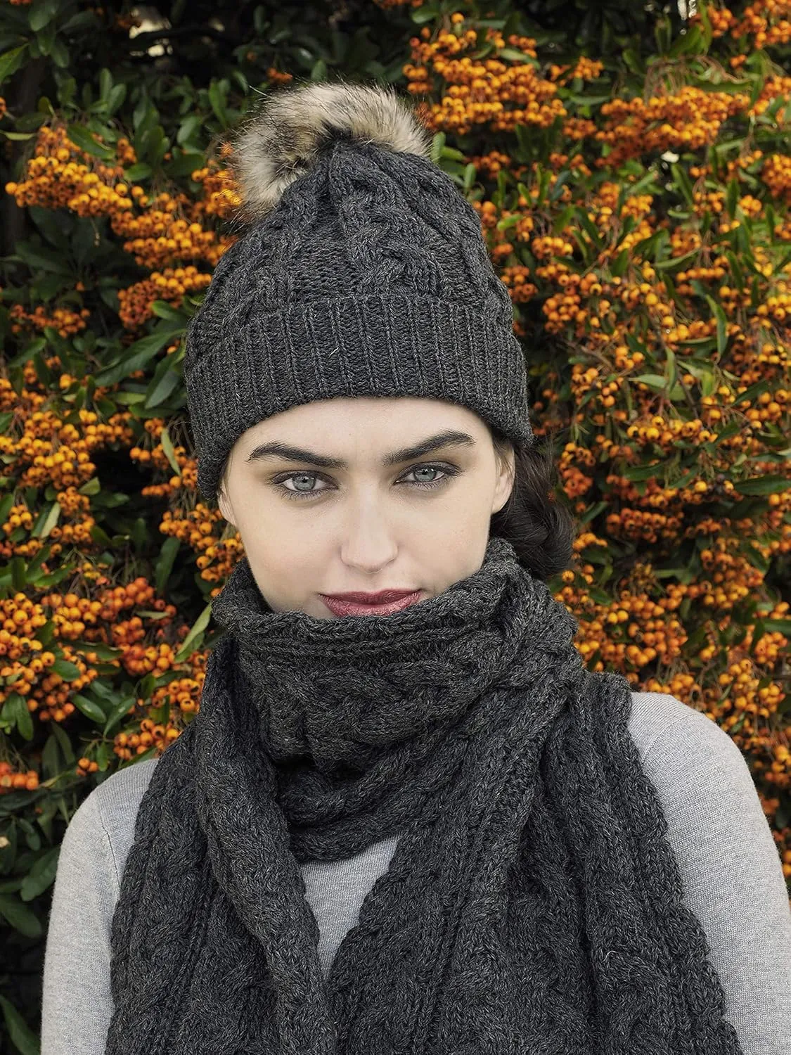 Aran Crafts Irish Cable Knitted Heavyweight Cold Weather Scarf 10"x64" (100% Merino Wool)