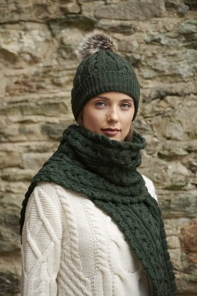 Aran Crafts Irish Cable Knitted Heavyweight Cold Weather Scarf 10"x64" (100% Merino Wool)