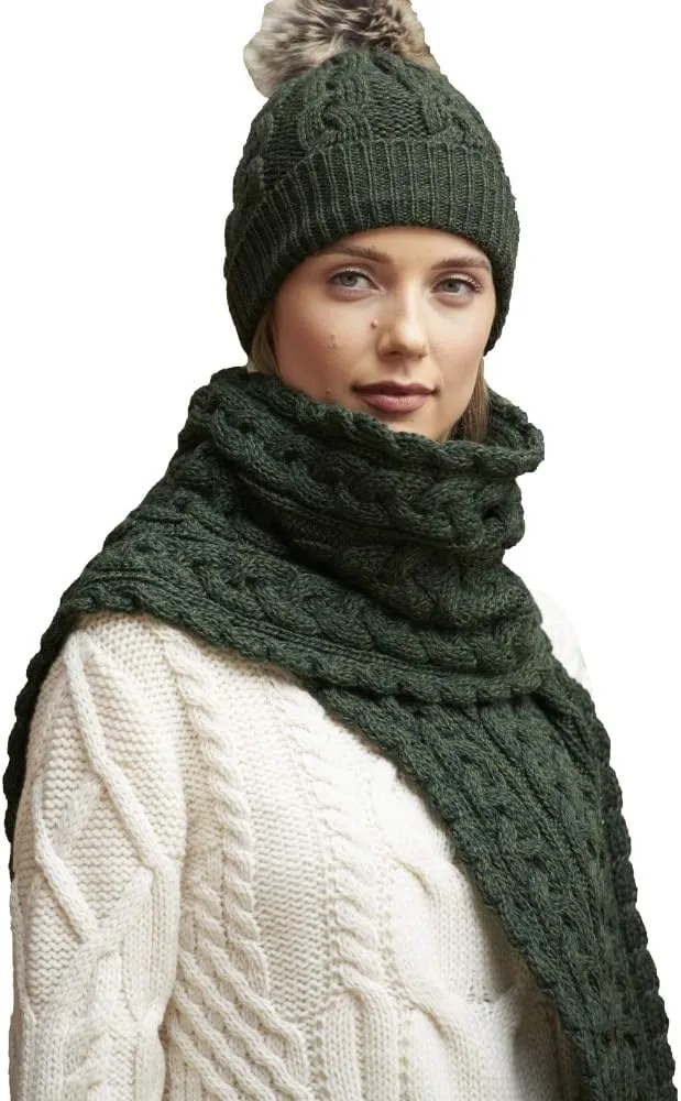 Aran Crafts Irish Cable Knitted Heavyweight Cold Weather Scarf 10"x64" (100% Merino Wool)
