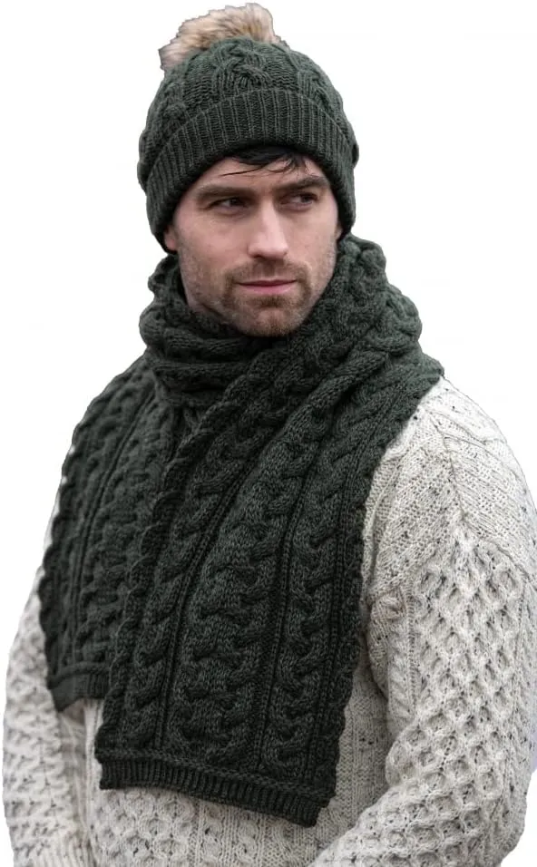 Aran Crafts Irish Cable Knitted Heavyweight Cold Weather Scarf 10"x64" (100% Merino Wool)