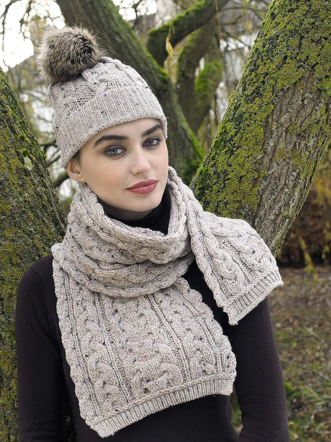 Aran Crafts Irish Cable Knitted Heavyweight Cold Weather Scarf 10"x64" (100% Merino Wool)