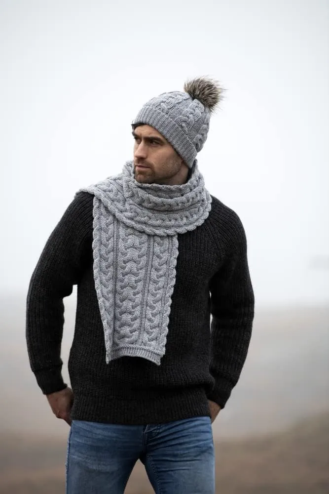 Aran Crafts Irish Cable Knitted Heavyweight Cold Weather Scarf 10"x64" (100% Merino Wool)