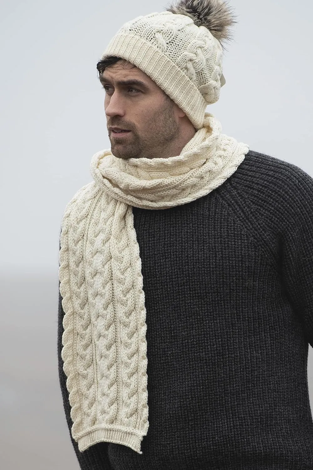 Aran Crafts Irish Cable Knitted Heavyweight Cold Weather Scarf 10"x64" (100% Merino Wool)