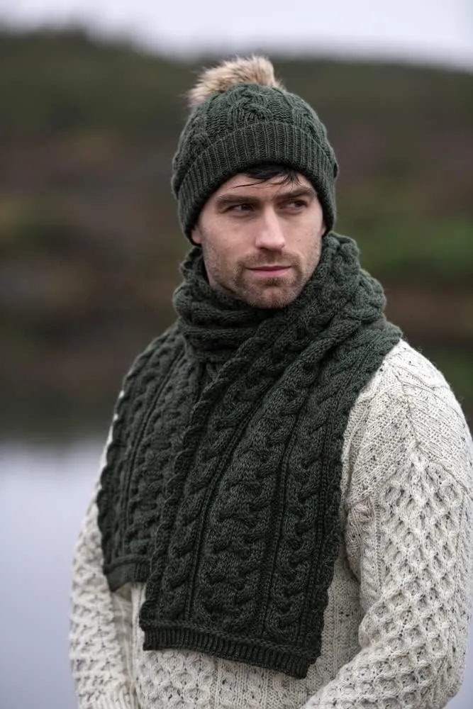 Aran Crafts Irish Cable Knitted Heavyweight Cold Weather Scarf 10"x64" (100% Merino Wool)