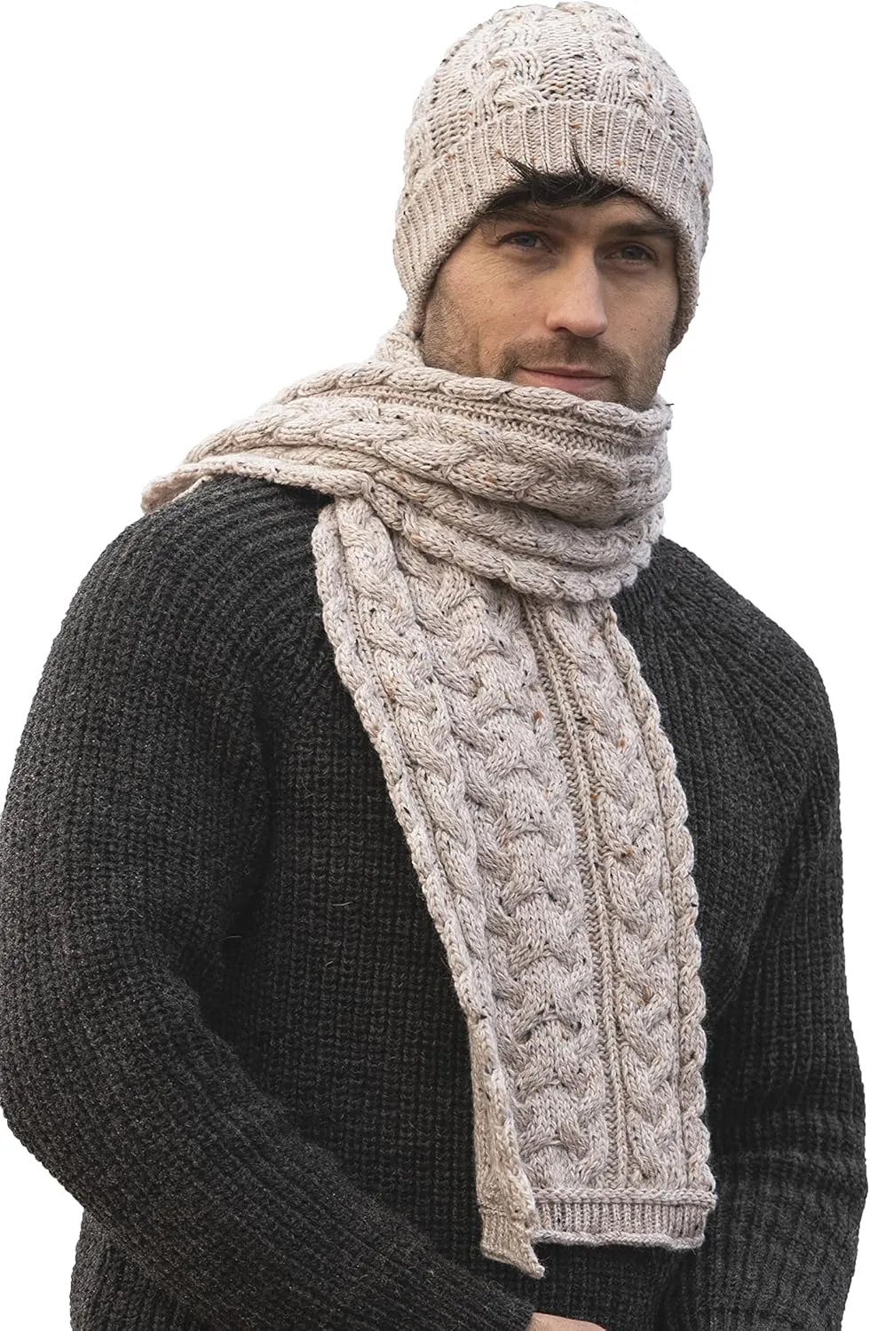 Aran Crafts Irish Cable Knitted Heavyweight Cold Weather Scarf 10"x64" (100% Merino Wool)