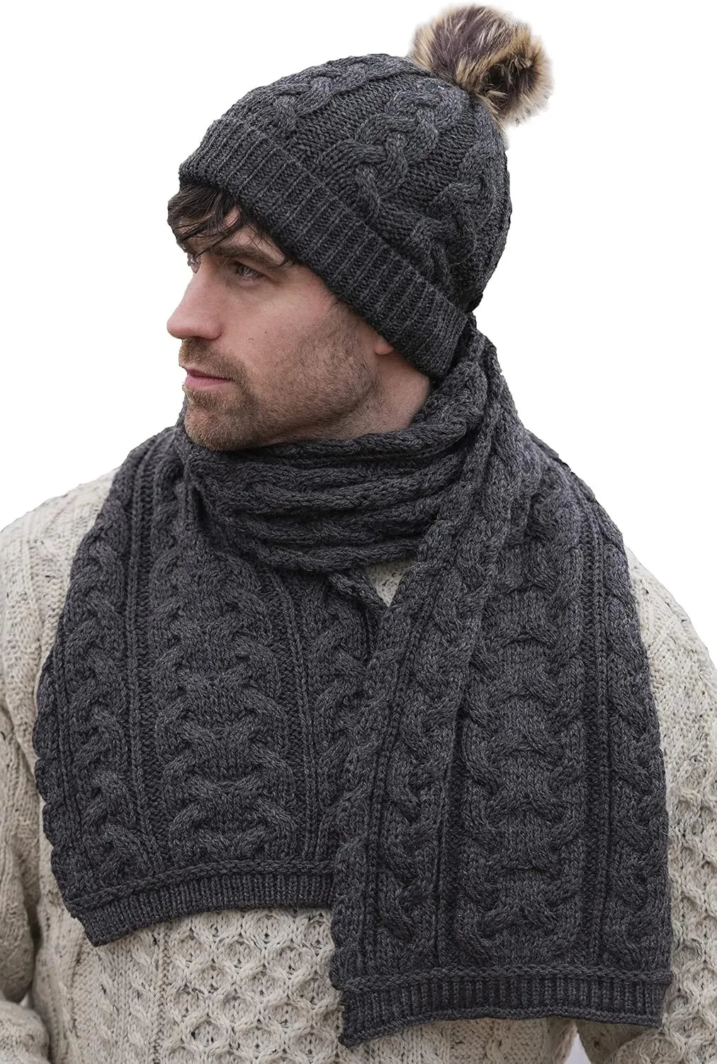 Aran Crafts Irish Cable Knitted Heavyweight Cold Weather Scarf 10"x64" (100% Merino Wool)