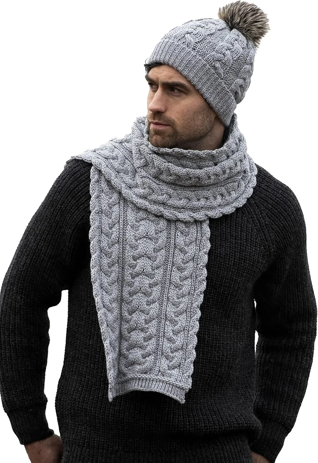 Aran Crafts Irish Cable Knitted Heavyweight Cold Weather Scarf 10"x64" (100% Merino Wool)