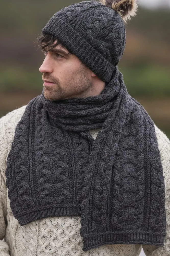 Aran Crafts Irish Cable Knitted Heavyweight Cold Weather Scarf 10"x64" (100% Merino Wool)