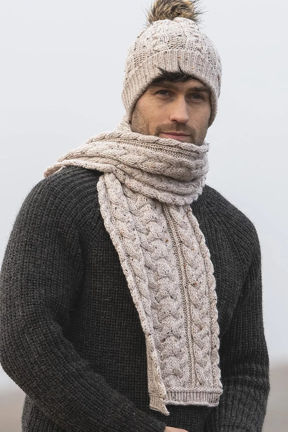 Aran Crafts Irish Cable Knitted Heavyweight Cold Weather Scarf 10"x64" (100% Merino Wool)