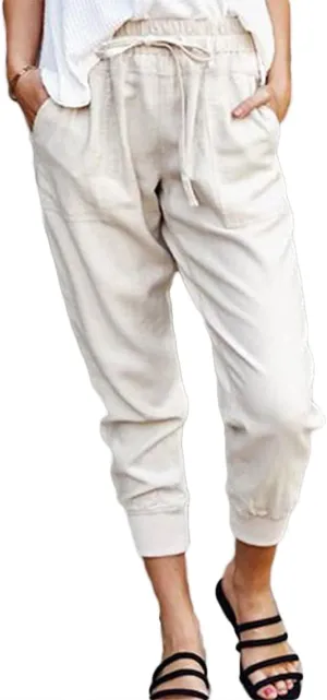 CHARTOU Women's Basic Drawstring Elastic High Waist Tapered Crop Jogger Pants