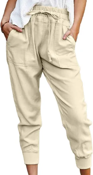 CHARTOU Women's Basic Drawstring Elastic High Waist Tapered Crop Jogger Pants