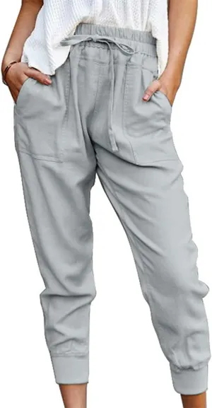 CHARTOU Women's Basic Drawstring Elastic High Waist Tapered Crop Jogger Pants