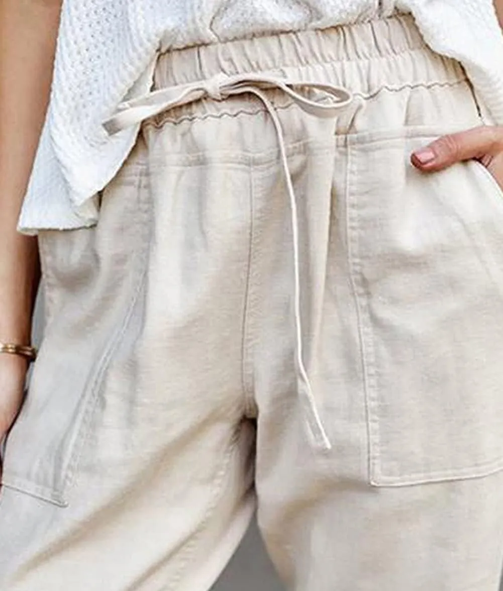 CHARTOU Women's Basic Drawstring Elastic High Waist Tapered Crop Jogger Pants