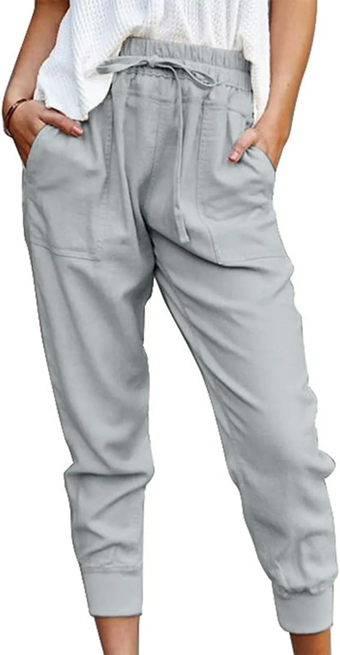 CHARTOU Women's Basic Drawstring Elastic High Waist Tapered Crop Jogger Pants