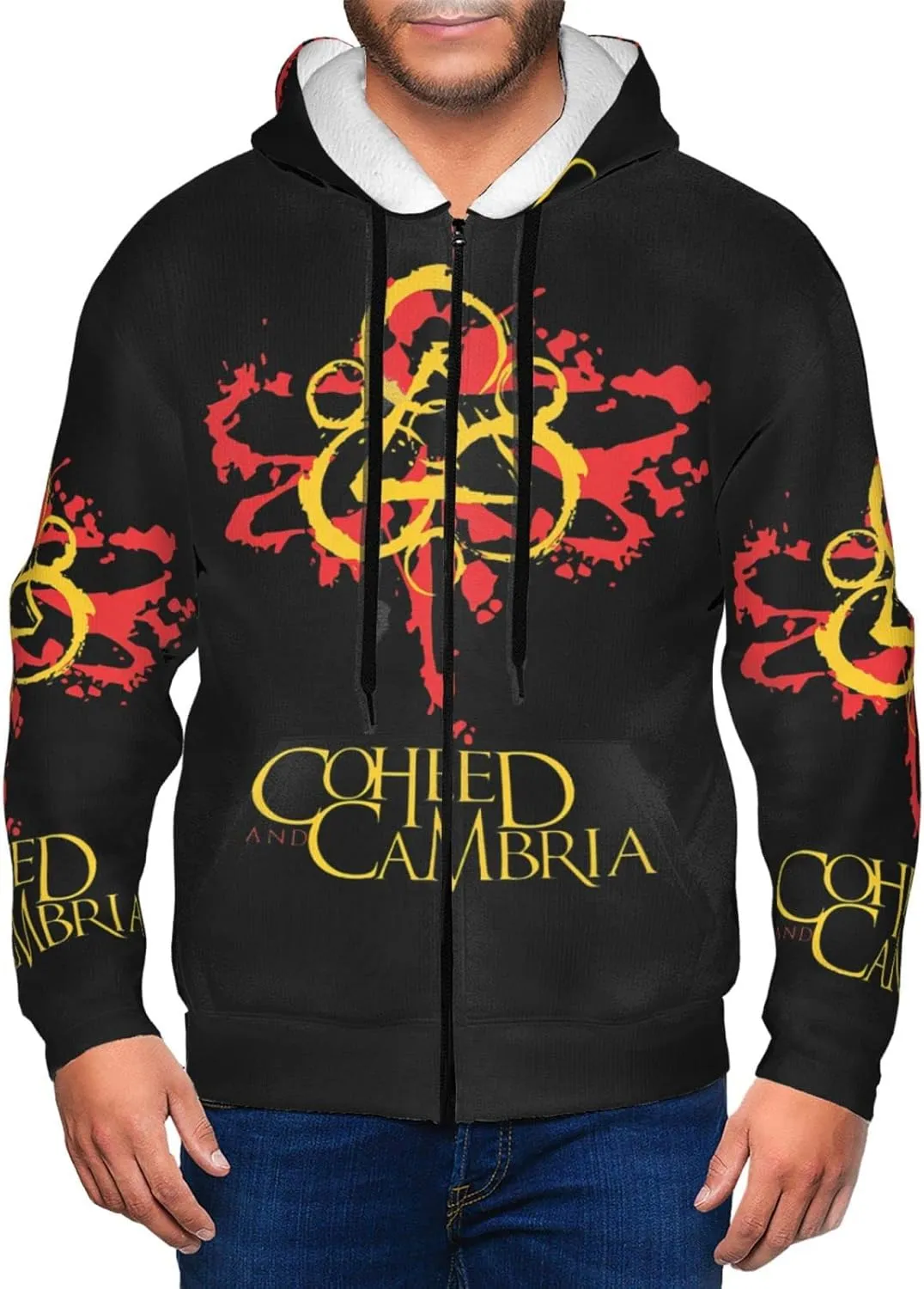 Coheed and Rock Band Cambria Man Hoodies Full Zip Sweatshirt Hooded Pullover Funny Long Sleeve with Kangaroo Pockets Youth Oversized Drawstring Active Coat For School Large Black