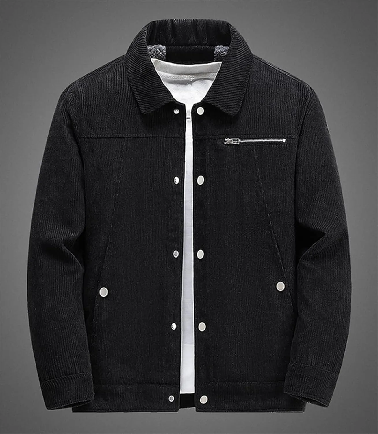 Men's Corduroy Fleece Cargo Jacket Winter Bomber Jacket Snap Button Lapel Sherpa Lined Trucker Cowboy Coat with Pocket