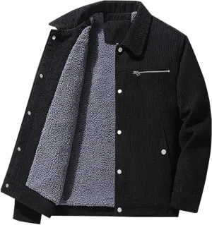 Men's Corduroy Fleece Cargo Jacket Winter Bomber Jacket Snap Button Lapel Sherpa Lined Trucker Cowboy Coat with Pocket