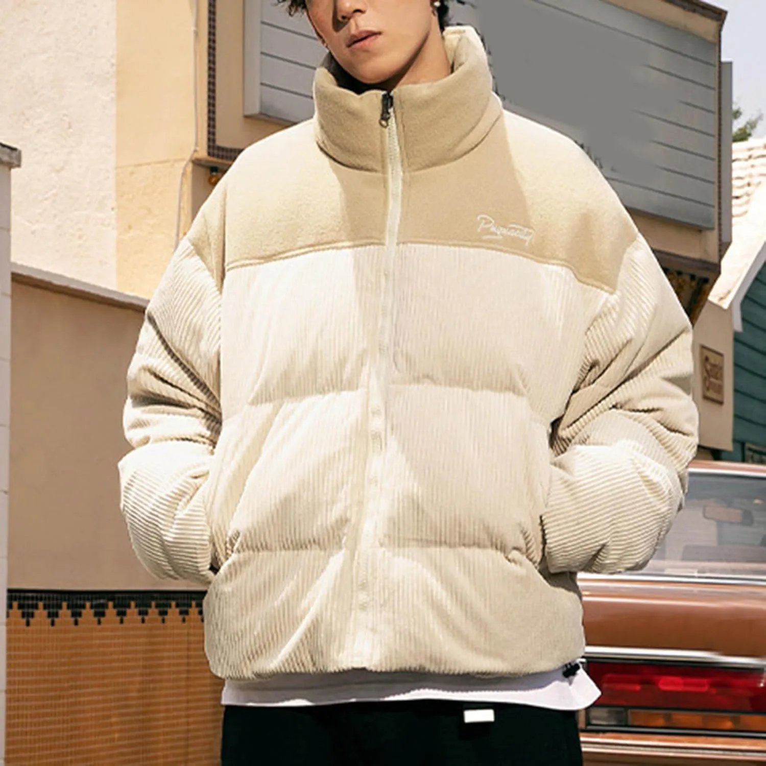 Mens Puffer Down Jackets Trendy Stand Collar Zipper Quilted Coats Winter Puffy Jacket Thermal Outerwear with Pockets