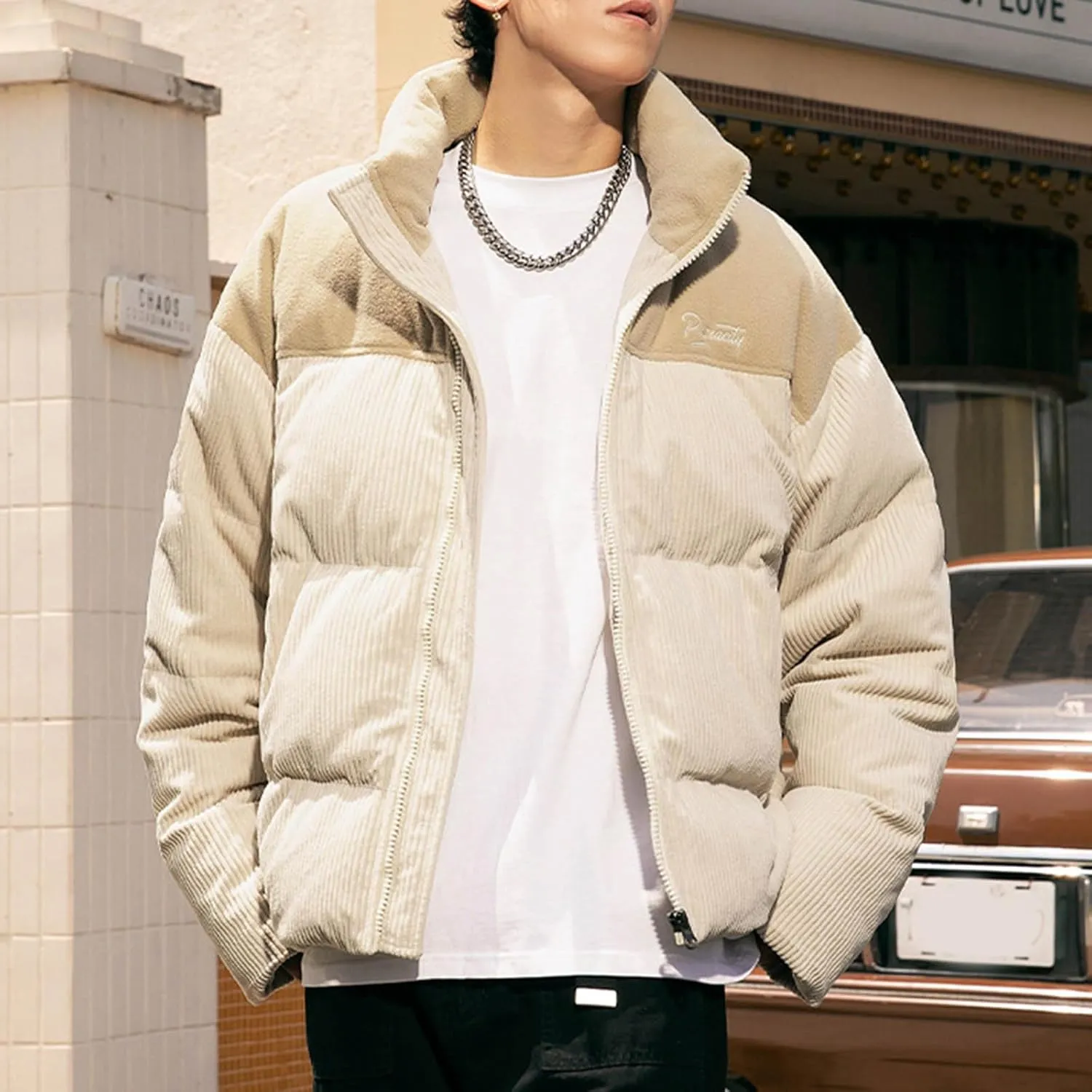 Mens Puffer Down Jackets Trendy Stand Collar Zipper Quilted Coats Winter Puffy Jacket Thermal Outerwear with Pockets