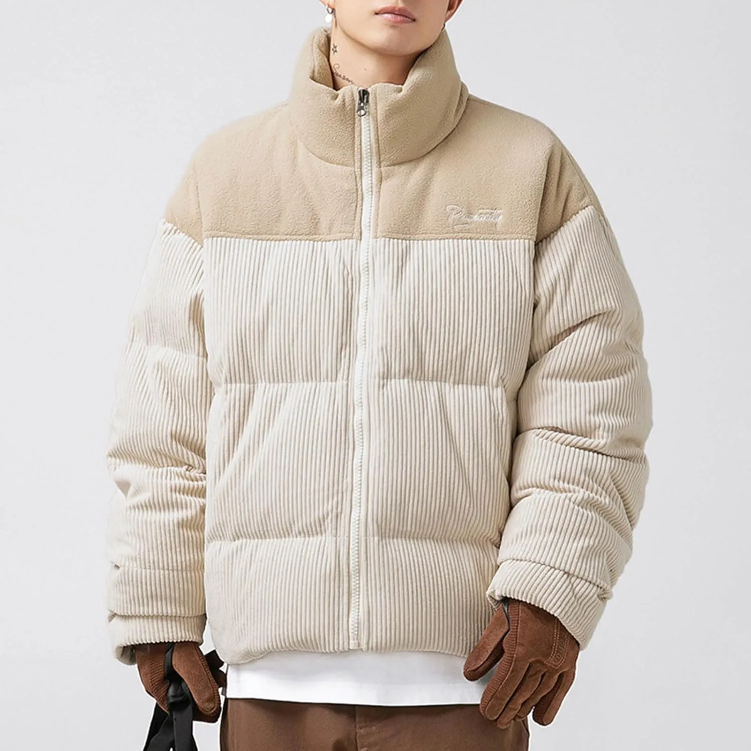 Mens Puffer Down Jackets Trendy Stand Collar Zipper Quilted Coats Winter Puffy Jacket Thermal Outerwear with Pockets