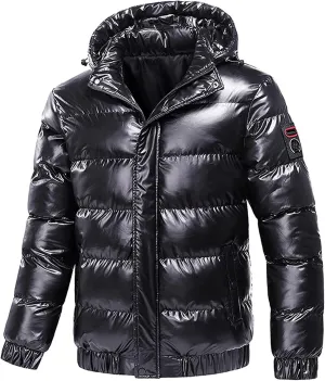 Mens Shiny Puffer Jacket Hooded Down Quilted Insulated Jacket Zip up Padded Coat Glossy Winter Coat Warm Outwear