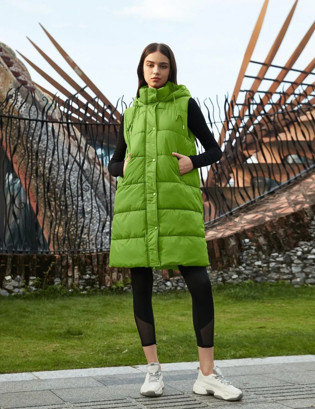 PUWEI Long Puffer Vest Women Quilted Hooded Vest Padded Sleeveless Coat Jackets With Pockets