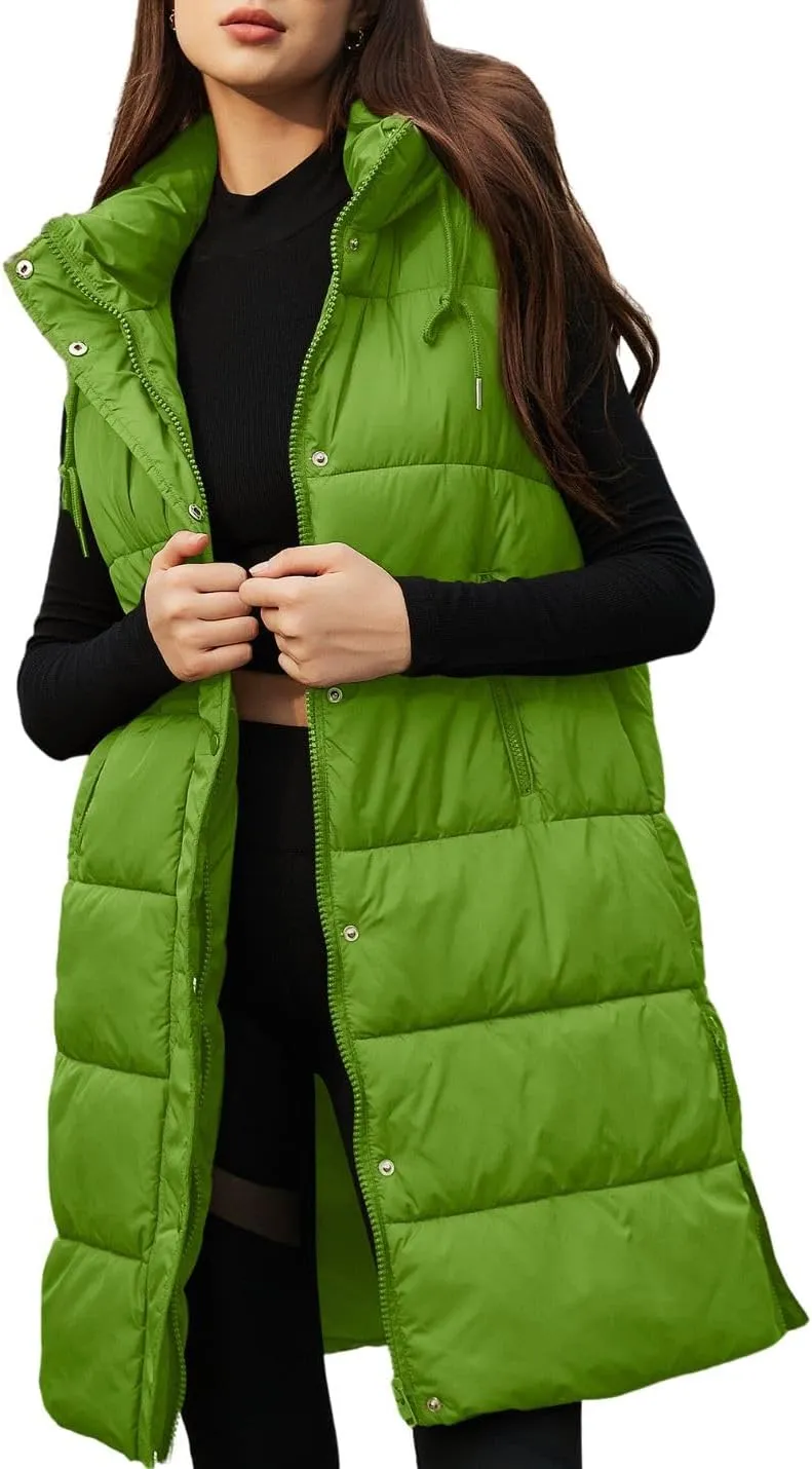 PUWEI Long Puffer Vest Women Quilted Hooded Vest Padded Sleeveless Coat Jackets With Pockets
