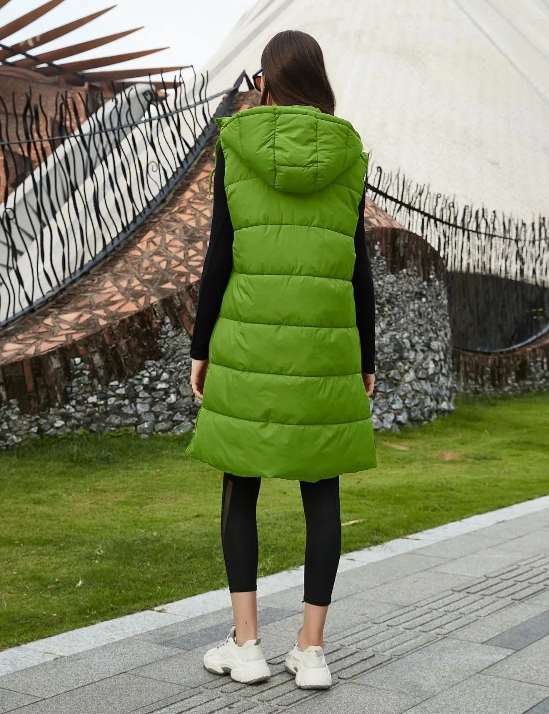 PUWEI Long Puffer Vest Women Quilted Hooded Vest Padded Sleeveless Coat Jackets With Pockets