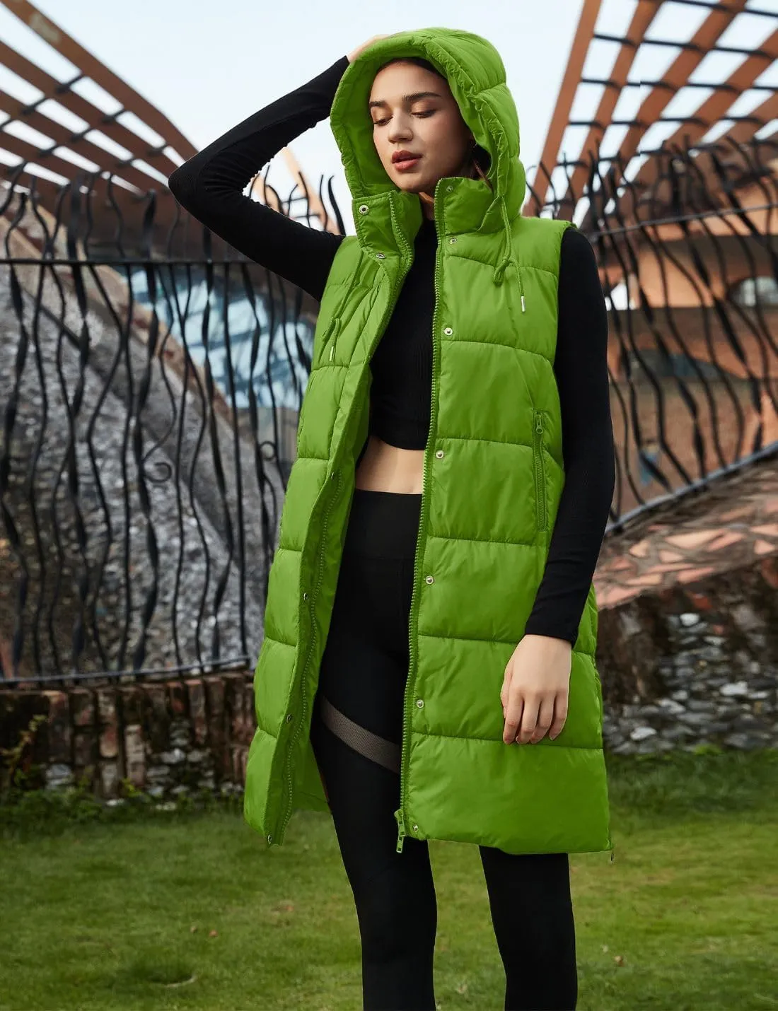 PUWEI Long Puffer Vest Women Quilted Hooded Vest Padded Sleeveless Coat Jackets With Pockets