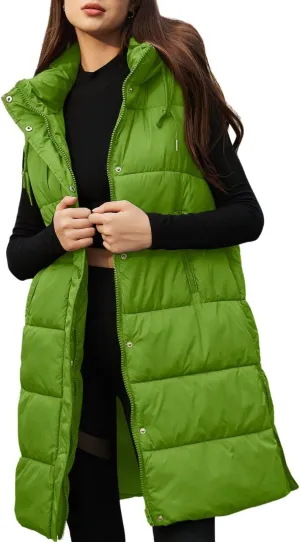 PUWEI Long Puffer Vest Women Quilted Hooded Vest Padded Sleeveless Coat Jackets With Pockets