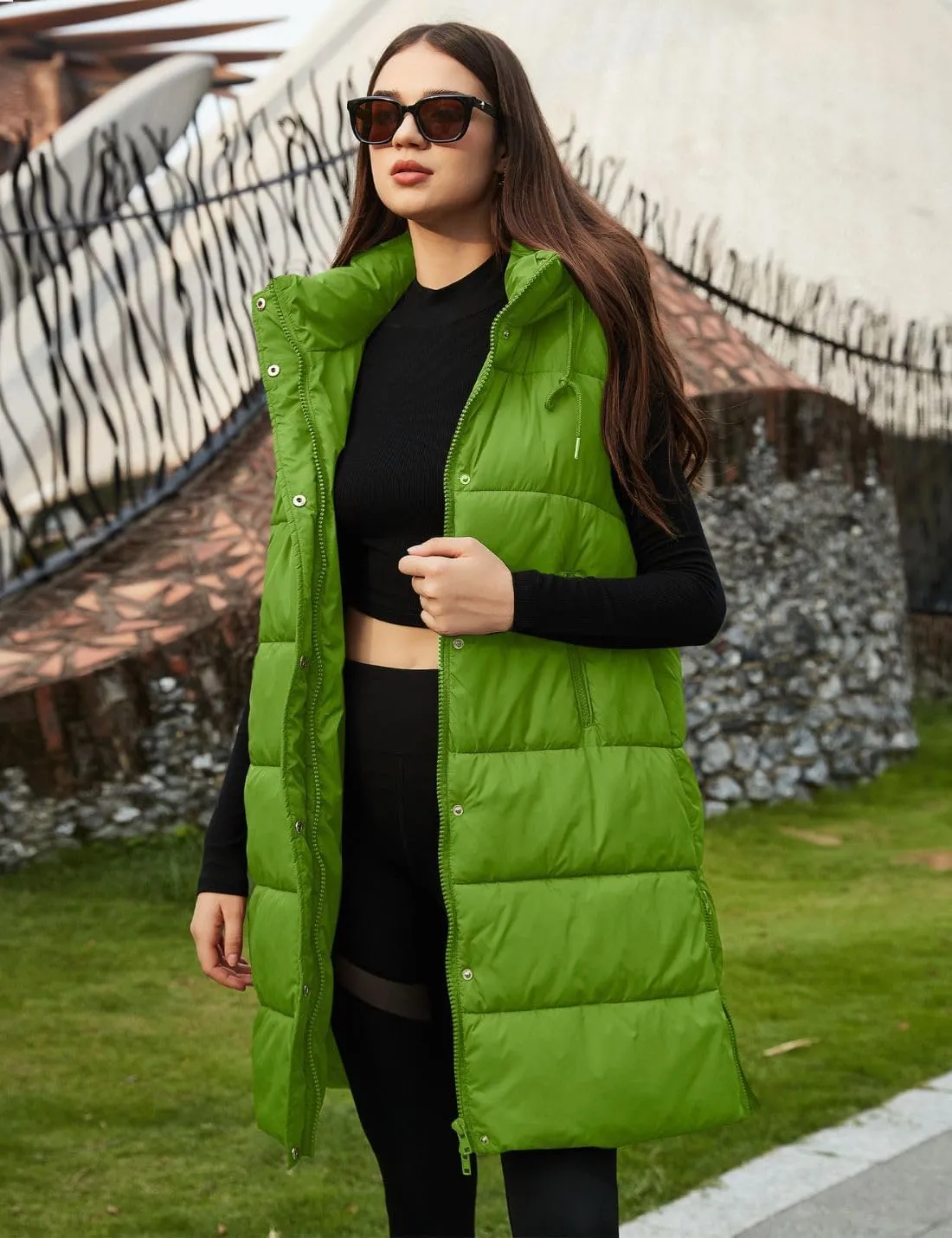 PUWEI Long Puffer Vest Women Quilted Hooded Vest Padded Sleeveless Coat Jackets With Pockets