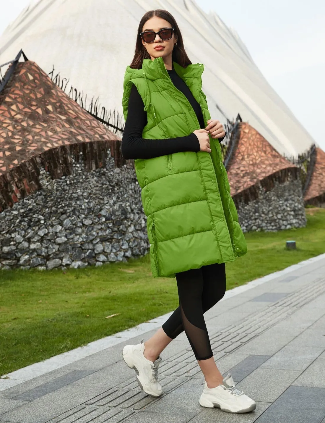 PUWEI Long Puffer Vest Women Quilted Hooded Vest Padded Sleeveless Coat Jackets With Pockets