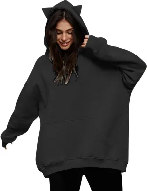 Sweatshirts For Women Trendy Long Sleeve Fleece Hoodies With Cat Ears Solid Loose Pullover Shirts Fall Winter Outfits