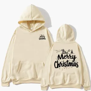Womens Solid Color Christmas Letter Print Hoodie Trendy Sherpa Fleece Sweatshirt Ugly Xmas Patry Oversized Casual Top