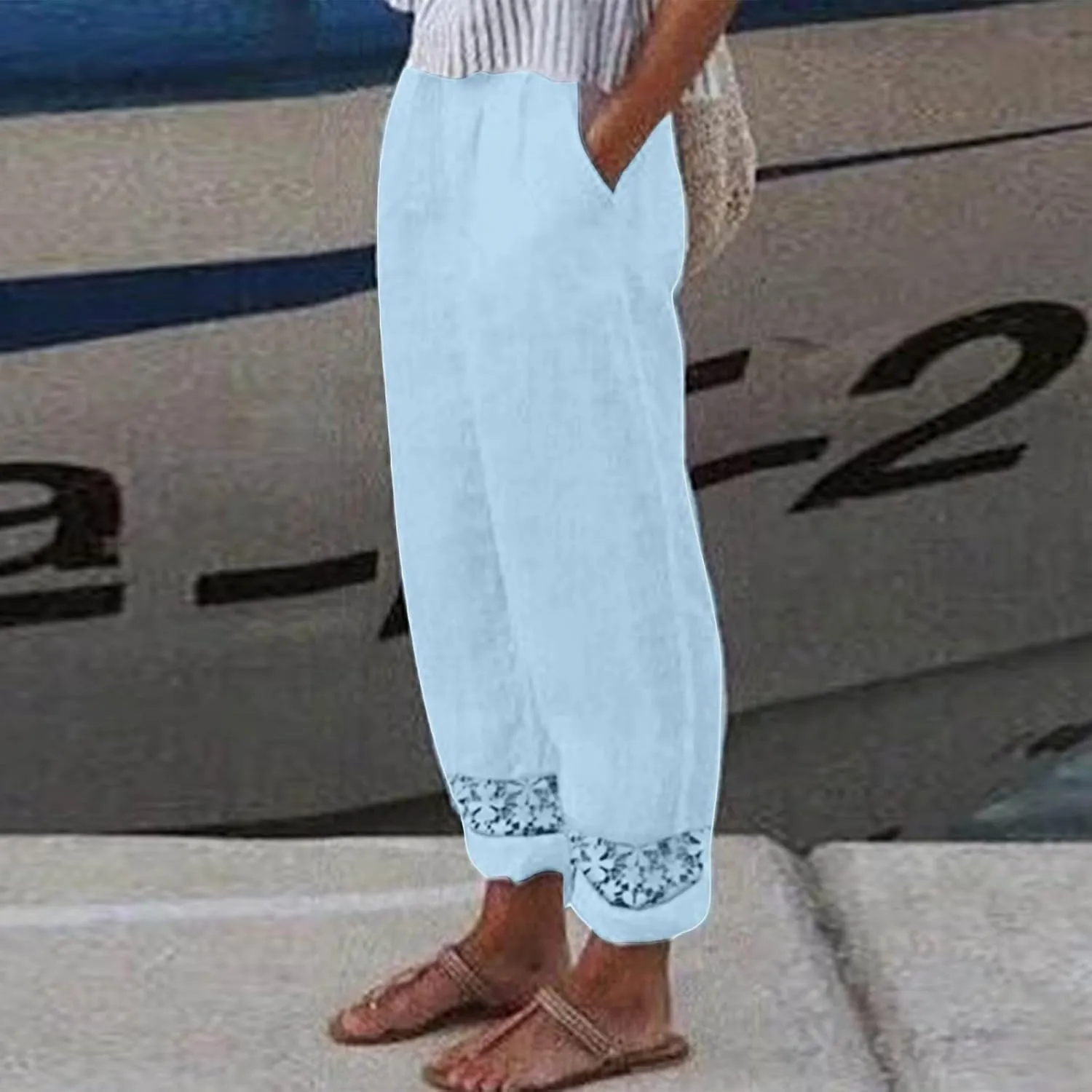 ZOCAVIA Women's Cotton Linen Capri Pants Summer Lightweight Elastic Waist Palazzo Harem Pants Baggy Trousers with Pockets