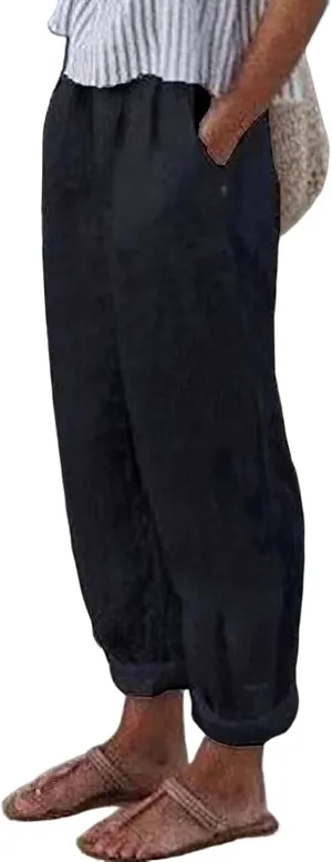 ZOCAVIA Women's Cotton Linen Capri Pants Summer Lightweight Elastic Waist Palazzo Harem Pants Baggy Trousers with Pockets