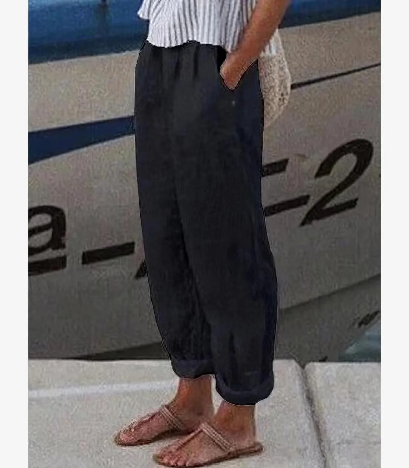 ZOCAVIA Women's Cotton Linen Capri Pants Summer Lightweight Elastic Waist Palazzo Harem Pants Baggy Trousers with Pockets