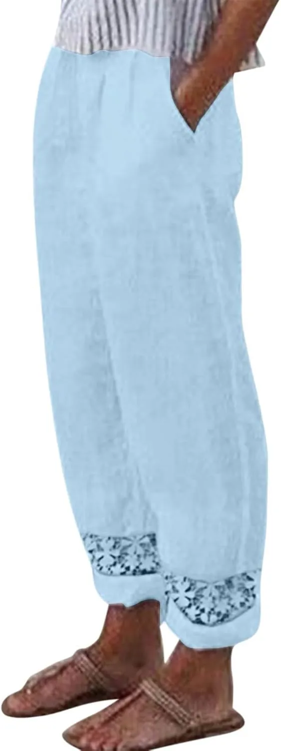 ZOCAVIA Women's Cotton Linen Capri Pants Summer Lightweight Elastic Waist Palazzo Harem Pants Baggy Trousers with Pockets