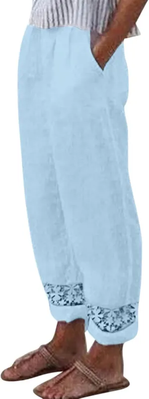 ZOCAVIA Women's Cotton Linen Capri Pants Summer Lightweight Elastic Waist Palazzo Harem Pants Baggy Trousers with Pockets